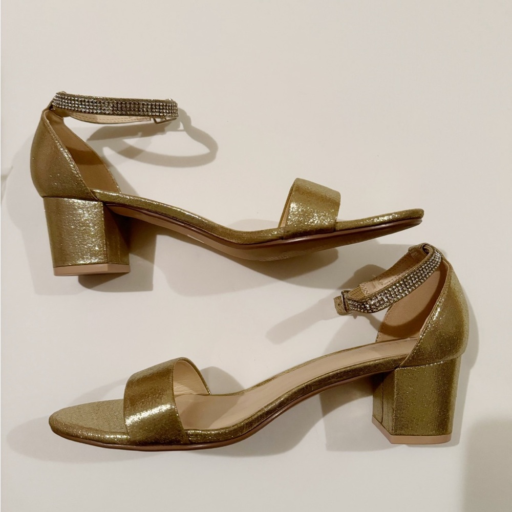 Kailee P Metallic Block Heel Sandals with Mini Rhinestones